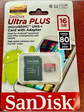 SanDisk Ultra PLUS 16GB microSDHC UHS-I Card + Adapter 80MB/s NEW Sealed